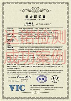江蘇華富儲能新技術(shù)股份有限公司PSE認證證書